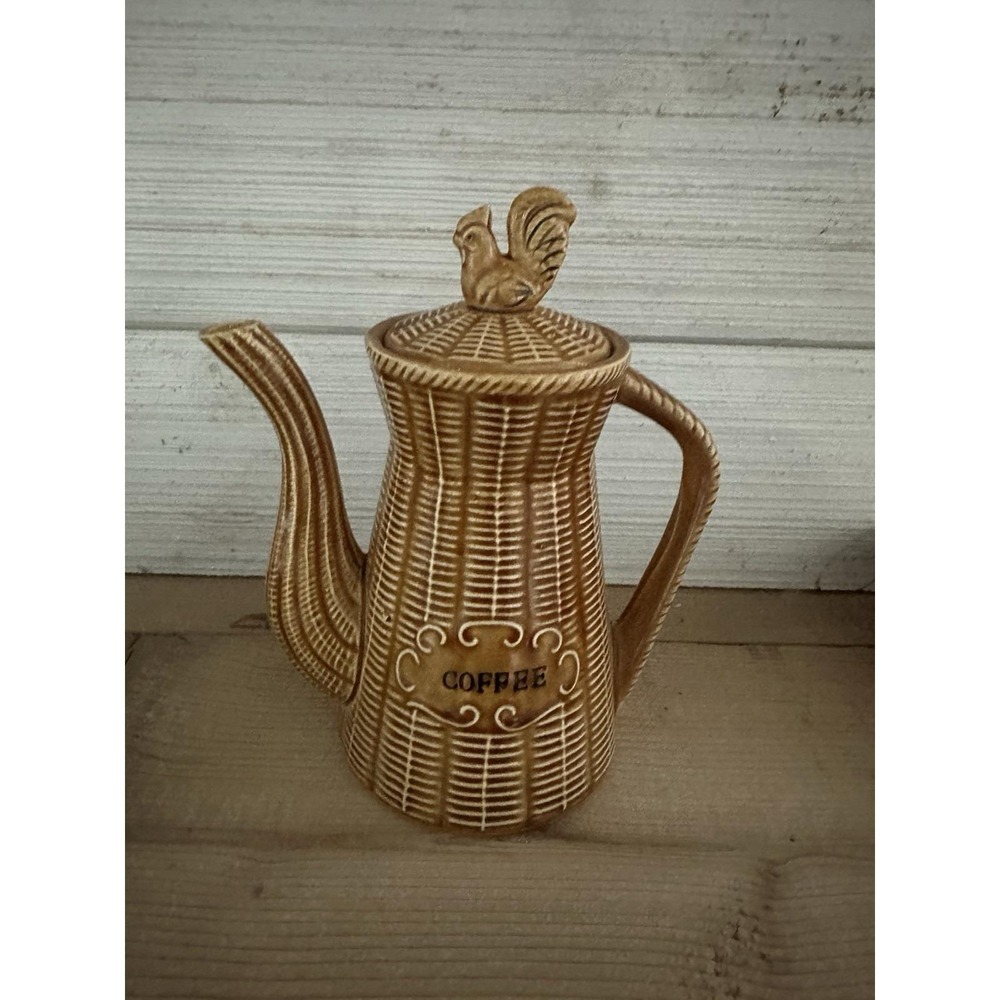 Vintage 1950s Rooster Coffee Tea Pot Basket Weave Wicker Japan Brown Ceramic